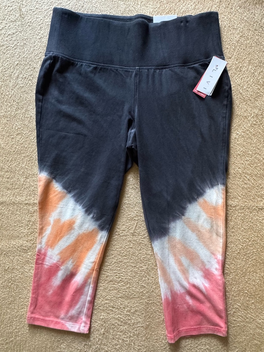 Livi Active Black Capri Leggings with Orange and Pink Tie-Dye Hem